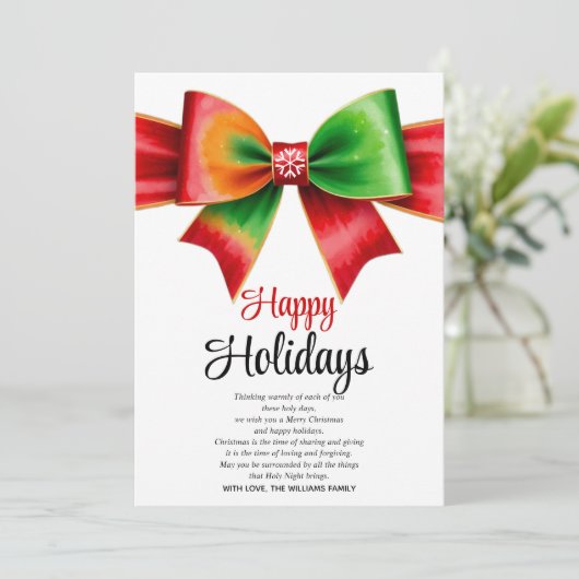 Large red, green bow and stripes Christmas Feestdagenkaart (Staand voorkant)