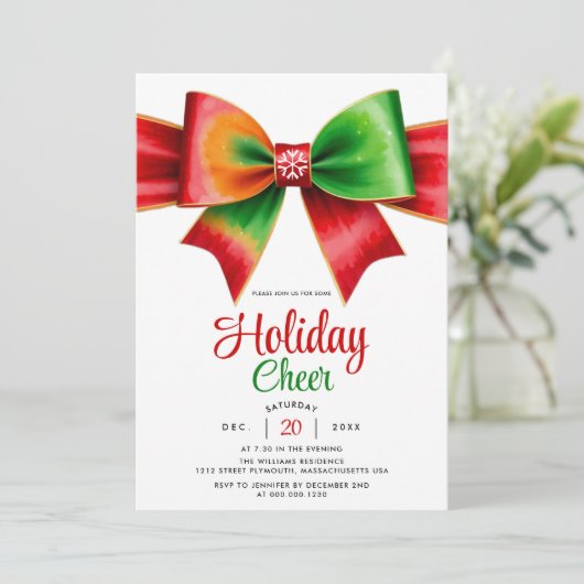 Large red, green bow and stripes Christmas party Kaart (Staand voorkant)