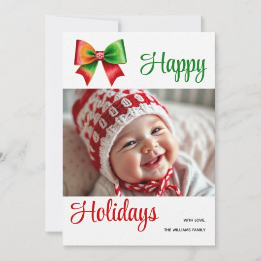 Large red, green bow and stripes Christmas photo Feestdagenkaart (Voorkant)