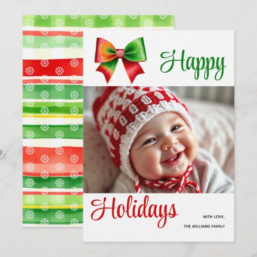 Large red, green bow and stripes Christmas photo Feestdagenkaart (Voorkant / Achterkant)