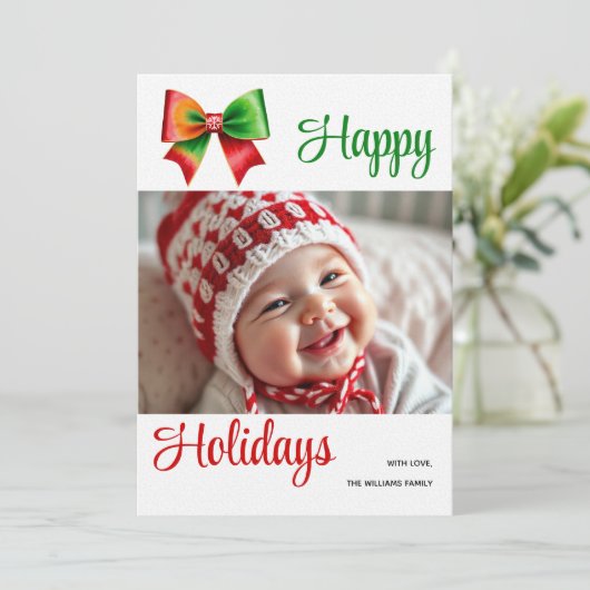 Large red, green bow and stripes Christmas photo Feestdagenkaart (Staand voorkant)