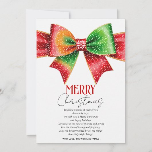 Large red, green bow, snowflakes Merry Christmas Feestdagenkaart (Voorkant)