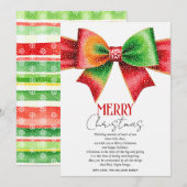 Large red, green bow, snowflakes Merry Christmas Feestdagenkaart (Voorkant / Achterkant)