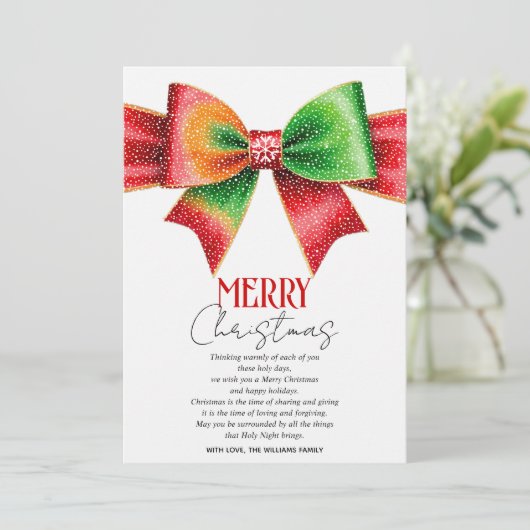 Large red, green bow, snowflakes Merry Christmas Feestdagenkaart (Staand voorkant)