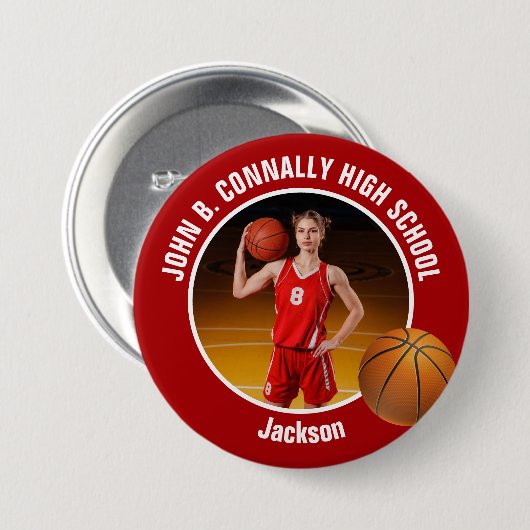 Large Red High School Basketball Player Photo Ronde Button 7,6 Cm (Voorkant /achterkant)