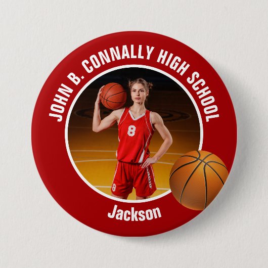 Large Red High School Basketball Player Photo Ronde Button 7,6 Cm (Voorkant)