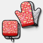 Large Red Poinsettia Flowers Pattern Kitchen Towel Ovenwant & Pannenlap Set (Voorkant / Achterkant)