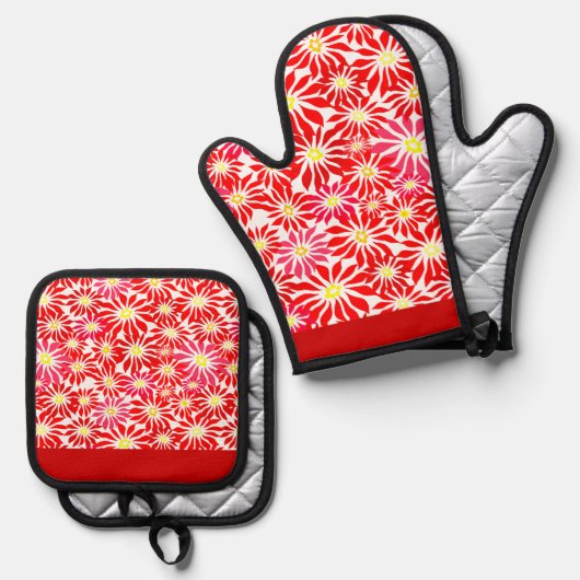 Large Red Poinsettia Flowers Pattern Kitchen Towel Ovenwant & Pannenlap Set (Voorkant / Achterkant)