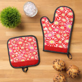 Large Red Poinsettia Flowers Pattern Kitchen Towel Ovenwant & Pannenlap Set (Top down)