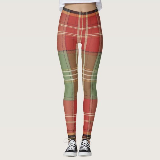 Large Red Sage Brown Vertical Tartan Leggings (Voorkant)