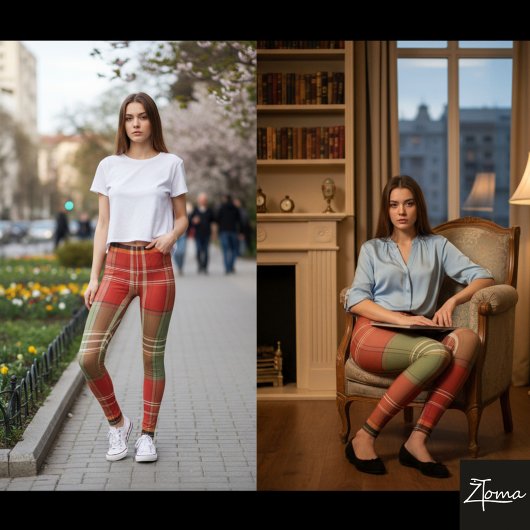 Large Red Sage Brown Vertical Tartan Leggings