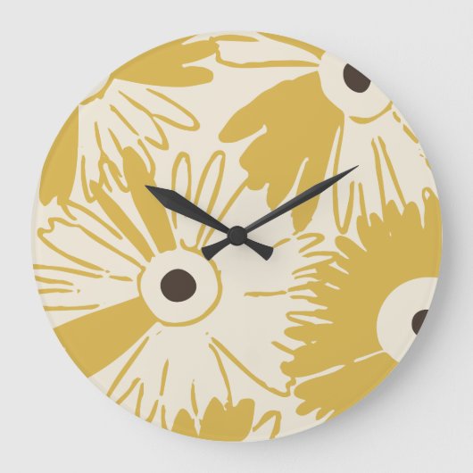 Large Retro Daisy Flower Power Mustard Gold Grote Klok (Voorkant)