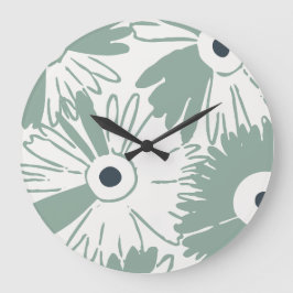 Large Retro Daisy Flower Power Muted Sage Green Grote Klok