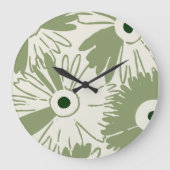 Large Retro Daisy Flower Power Olive Green Grote Klok (Voorkant)