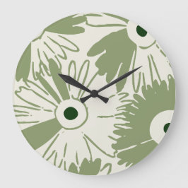 Large Retro Daisy Flower Power Olive Green Grote Klok