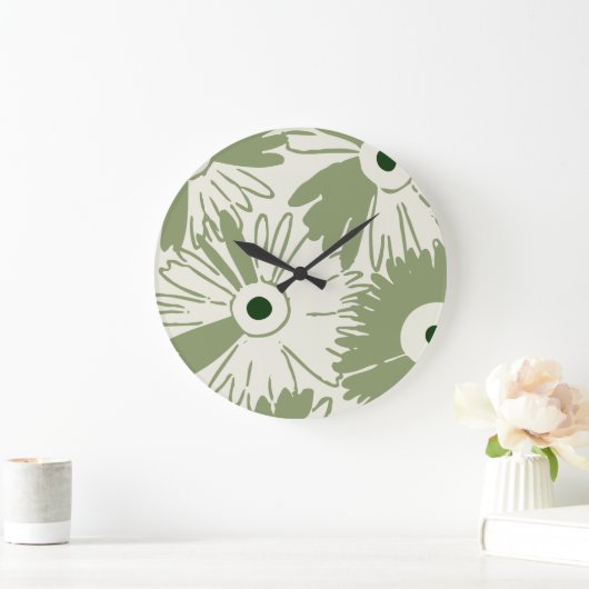 Large Retro Daisy Flower Power Olive Green Grote Klok (Huis)