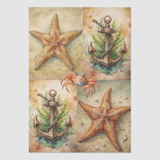 Large Scenic Starfish, Anchors & Crab Decoupage Tissuepapier (Voorkant)