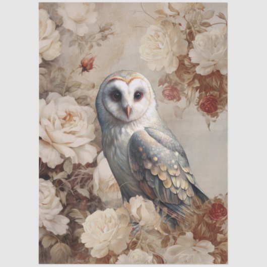 Large Vintage Inspired Elegant White Roses & Owl Tissuepapier (Voorkant)