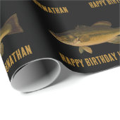 Largemouth Bass Fish Pattern Happy Birthday & Name Cadeaupapier (Rol Hoek)