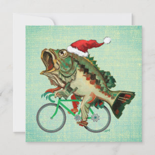 Largemouth Bass Rijden op een fiets met Santa Hat Feestdagenkaart