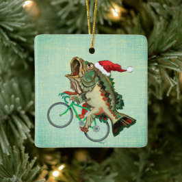 Largemouth Bass Rijden op een fiets met Santa Hat Keramisch Ornament