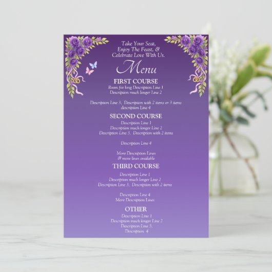 Larger Menu Card - Purple Mauve Flowers & White (Staand voorkant)