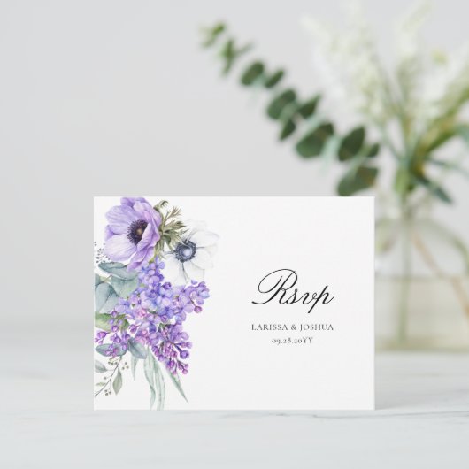 Larissa Paarse Floral Meal Choice Wedding RSVP Briefkaart (Staand voorkant)