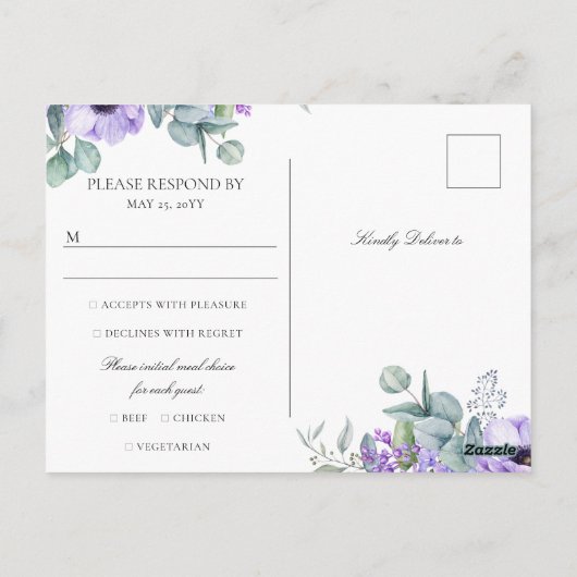 Larissa Paarse Floral Meal Choice Wedding RSVP Briefkaart (Achterkant)