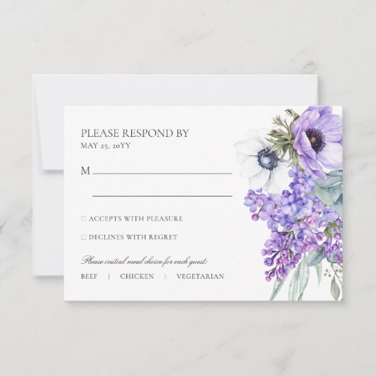 Larissa Paarse Floral Meal Choice Wedding RSVP Kaartje (Voorkant)