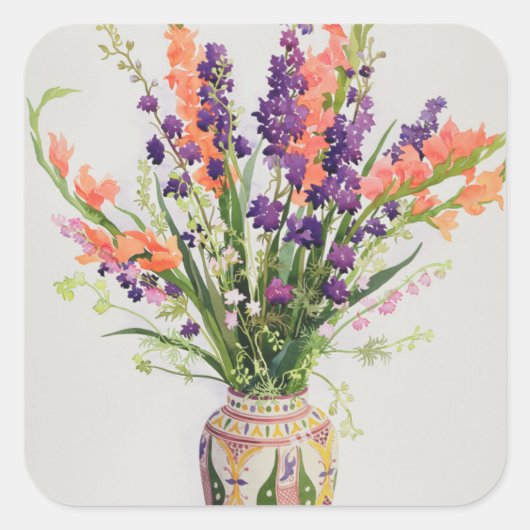 Larkspur en Gladioli in een Marokkaanse Vase Vierkante Sticker (Voorkant)