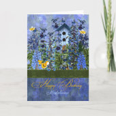 Larkspur Garden with Birdhouse with Name Birthday Kaart (Voorkant)
