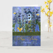 Larkspur Garden with Birdhouse with Name Birthday Kaart (Gele Bloem)