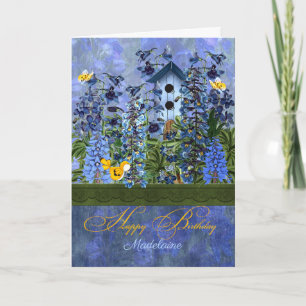 Larkspur Garden with Birdhouse with Name Birthday Kaart