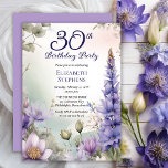 Larkspur | Water Lily Floral 30th Birthday Party Kaart<br><div class="desc">Elegant larkspur and water lilies floral design "30th Birthday Party" design featuring a floral frame of purple larkspur and water lilies on a pastel-toned watercolor background.</div>