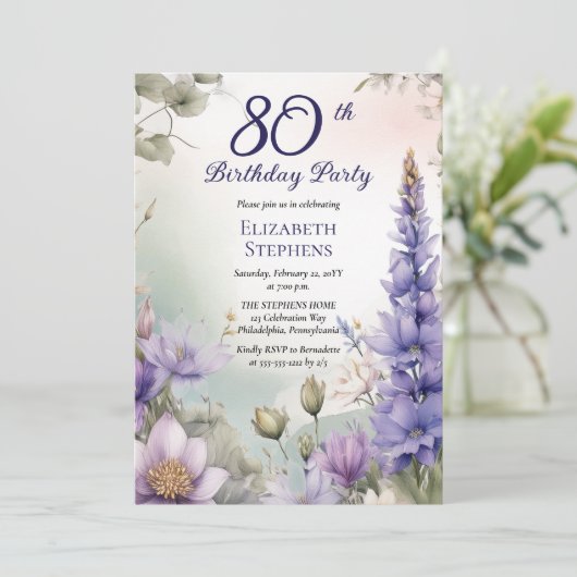 Larkspur | Water Lily Floral 80th Birthday Party Kaart (Staand voorkant)