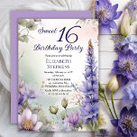 Larkspur Water Lily Floral Sweet 16 Verjaardagsfee Kaart<br><div class="desc">Elegante larkspur en waterlelies bloemontwerp "Sweet 16 Birthday Party" ontwerp met een bloemig lijst van paarse larkspur en waterlelies op een pastelkleurige waterverf achtergrond.</div>