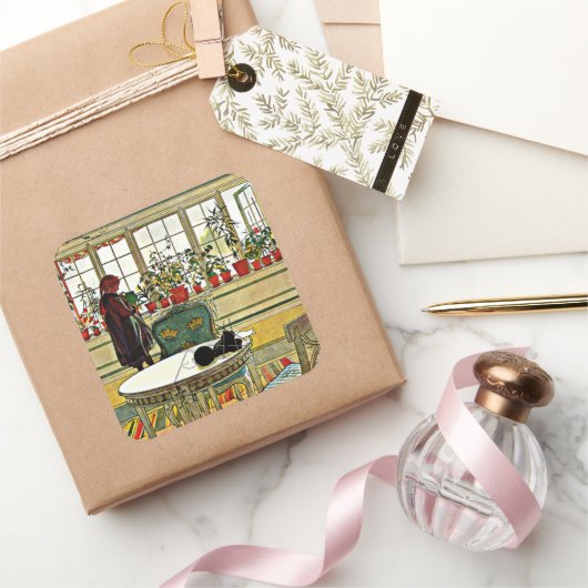 Larsson, bloemen op het raam vierkante sticker (Geschenken)