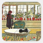 Larsson, bloemen op het raam vierkante sticker (Voorkant)