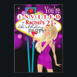 Las Vegas 21st Birthday Party paars Kaart<br><div class="desc">Deze leuke en opwindende uitnodiging van Las Vegas is perfect voor verjaardagsfeestjes, meiden nachts, bachelorette feestjes en andere speciale evenementen. Zo gemakkelijk om zich te personaliseren, gebruik enkel de oranje knoop "aanpast het"hierboven om uw eigen tekst en doopvont toe te voegen. Er zijn ook overeenkomende enveloppen en gunstige stickers beschikbaar....</div>