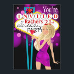 Las Vegas 21st Birthday Party paars Kaart<br><div class="desc">Deze leuke en opwindende uitnodiging van Las Vegas is perfect voor verjaardagsfeestjes, meiden nachts, bachelorette feestjes en andere speciale evenementen. Zo gemakkelijk om zich te personaliseren, gebruik enkel de oranje knoop "aanpast het"hierboven om uw eigen tekst en doopvont toe te voegen. Er zijn ook overeenkomende enveloppen en gunstige stickers beschikbaar....</div>