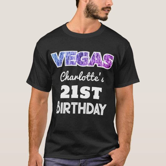 Las Vegas 21st Birthday Sparkle Paarse Roze Naam T-shirt (Voorkant)