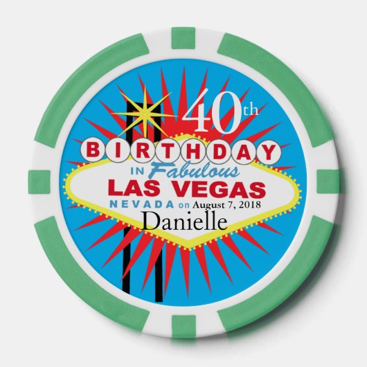 Las Vegas 40th Verjaardag Casino Chip blauw groen (Voorkant)