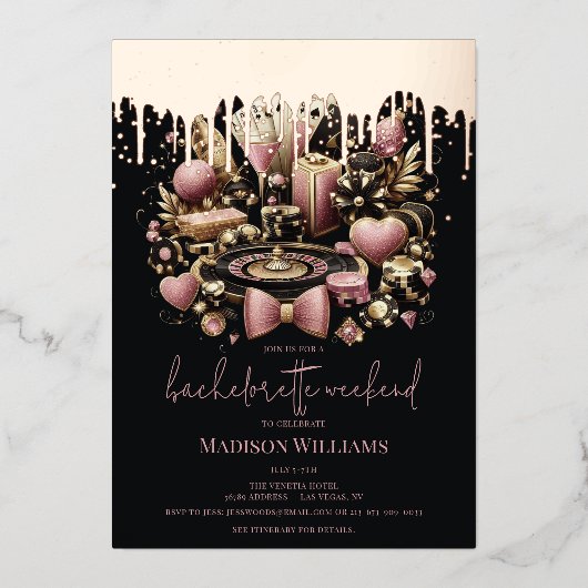 Las Vegas Bachelorette Luxe zwart roze goud Folie Uitnodiging (Voorkant)