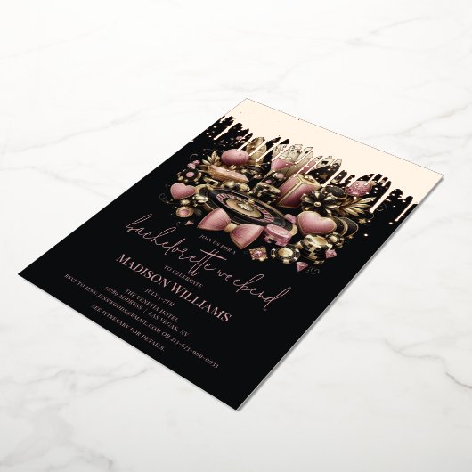 Las Vegas Bachelorette Luxe zwart roze goud Folie Uitnodiging (Gedraaid)