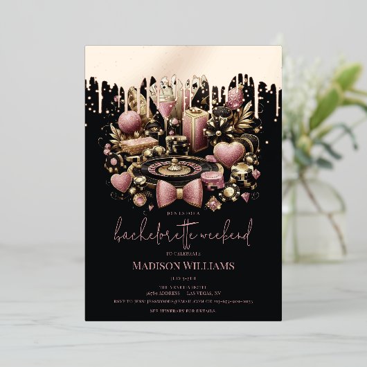 Las Vegas Bachelorette Luxe zwart roze goud Folie Uitnodiging (Staand Voorkant)