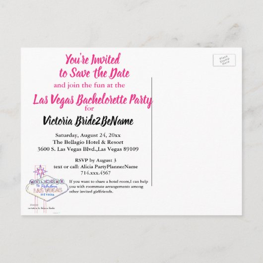 Las Vegas Bachelorette Pink Palms Aankondigingskaart (Achterkant)
