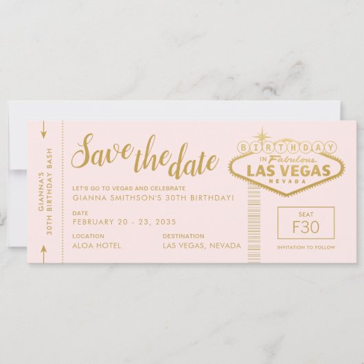 Las Vegas Birthday Pink Gold Save the Date Ticket Kaart (Voorkant)
