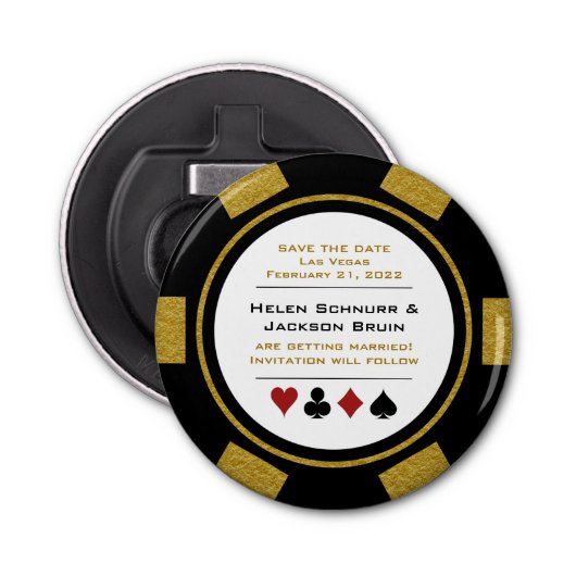 Las Vegas Black Gold Poker Chip Save the Date Button Flesopener (Voorkant)