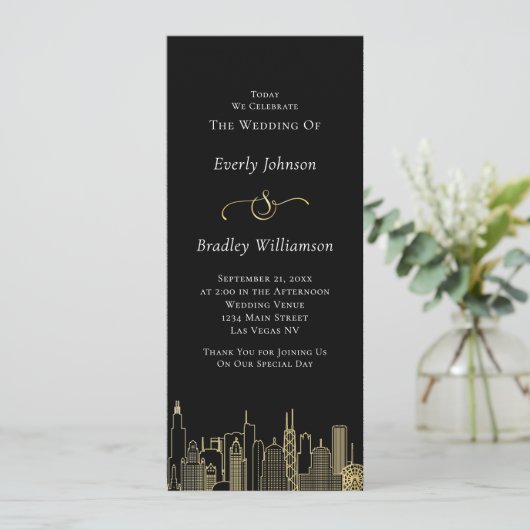 Las Vegas Black Gold White Skyline Wedding Program (Staand voorkant)