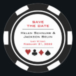 Las Vegas Black White Poker Chip Save the Date Ronde Sticker<br><div class="desc">Duw uw uw gasten door hen deze zwarte, witte, en rode pokerchip te verzenden sparen de datum ronde stickers om op hun kalender te plaatsen. Of verzend hen op hun of omvat hen in sparen de uitnodiging van de Datum. Ze wachten vol ongeduld op de officiële uitnodiging voor deze leuke...</div>